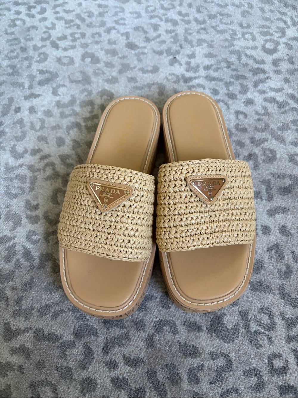 Prada Beige Raffia Slide Mules with Gold Logo Plaques